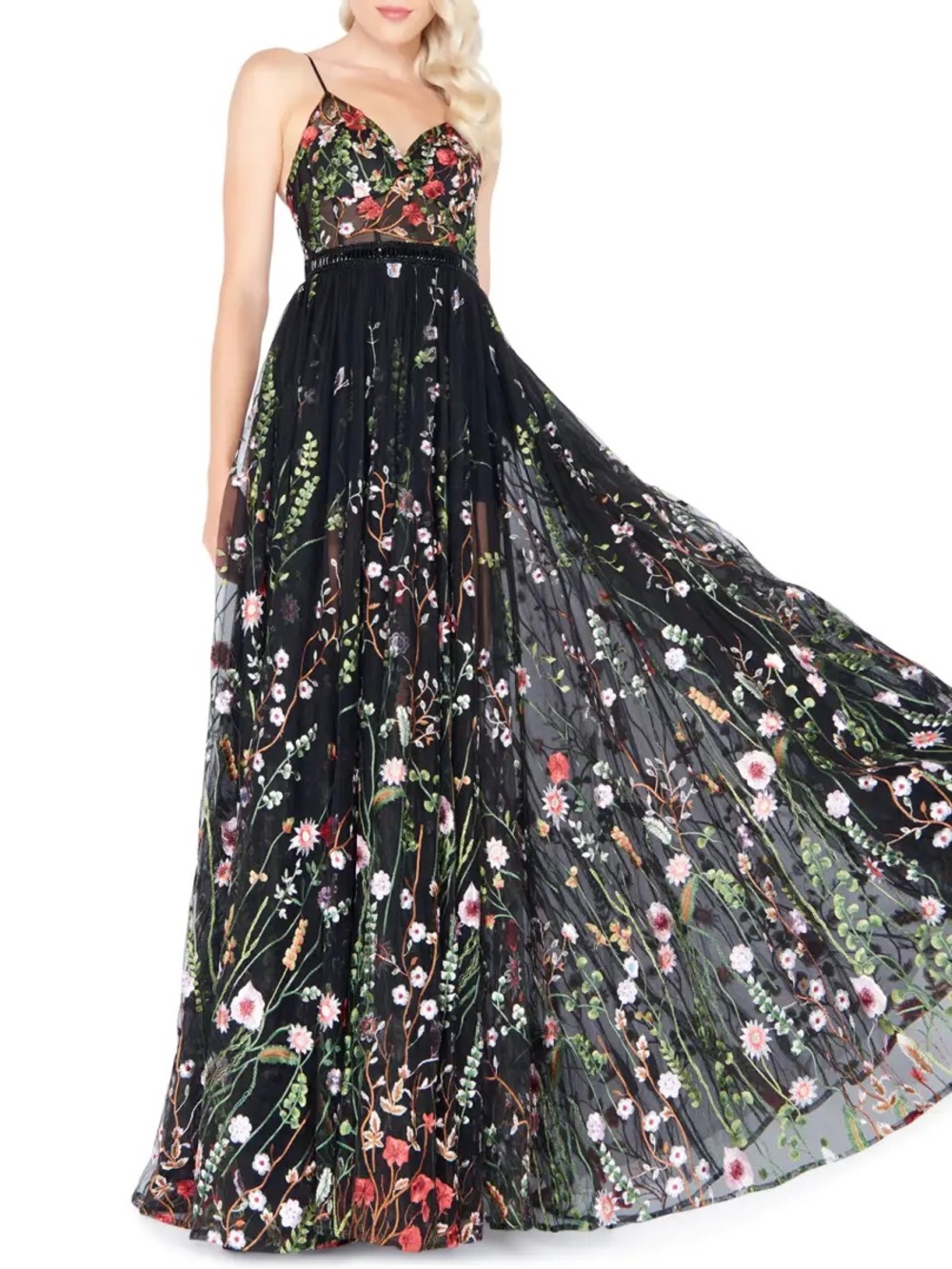 Mac Duggal Black Floral Embroidered Spaghetti Strap Maxi Dress